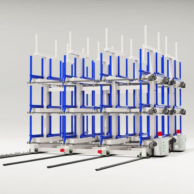 Estanterías voladizas telescópicas móviles eléctricas, sistemas automáticos de carga y descarga para estanterías de almacenamiento de almacén de productos largos