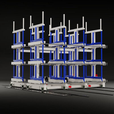 Estanterías voladizas telescópicas móviles eléctricas, sistemas automáticos de carga y descarga para estanterías de almacenamiento de almacén de productos largos